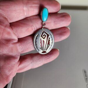Vintage Navajo Native American Sterling Silver Necklace With Turquoise Pendant &